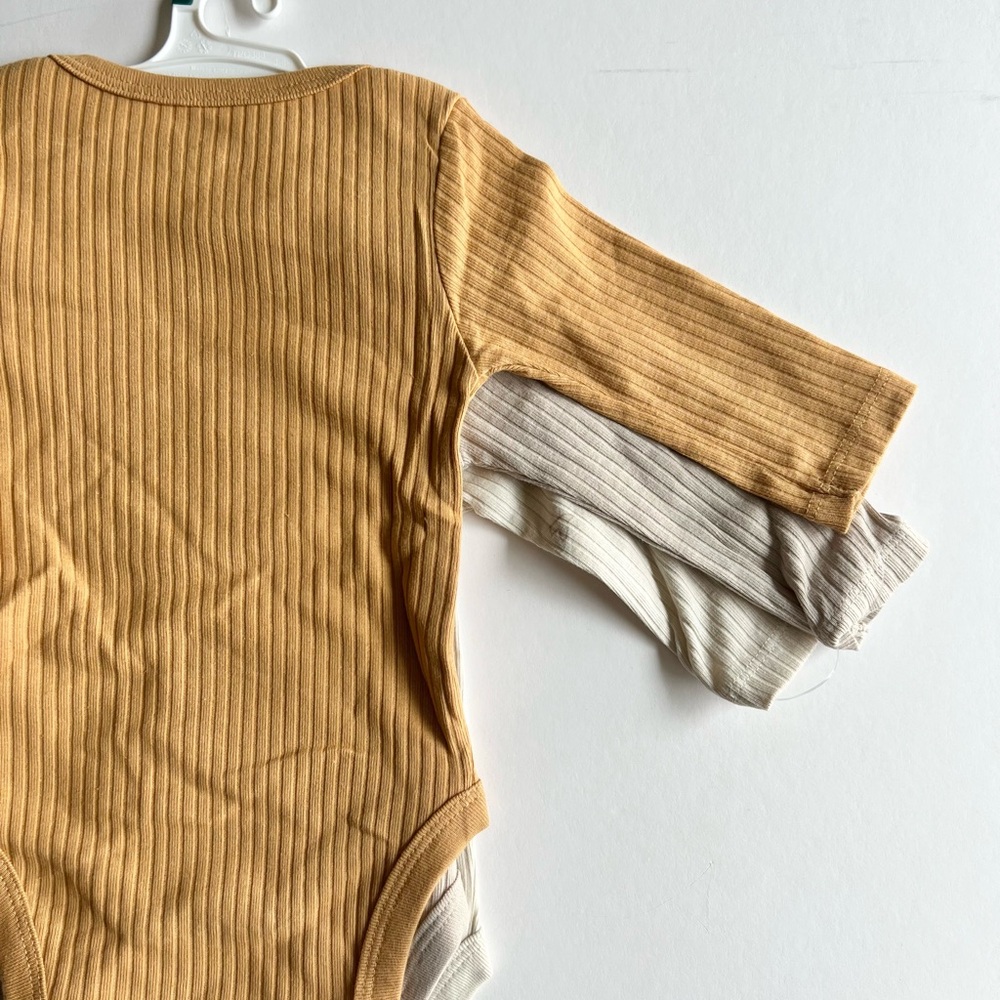 2 Cloud Island 3pc Ribbed Cream and Tan Baby Bodysuit Set Long Sleeve Bird Print - Picture 10 of 13